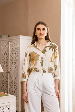 Haus of Namaste Haus of Namaste Damen Bluse creme „Botanica" Rüschenausschnitt handblockbedruckt Bio-Baumwolle – Produktbild 1 von 1