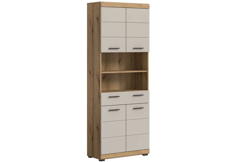 furnling Hochschrank Scott 4 Türen, 1 Schublade, 2 offene Fächer, Badmöbel, Badschrank, Grau, – Produktbild 1 von 4