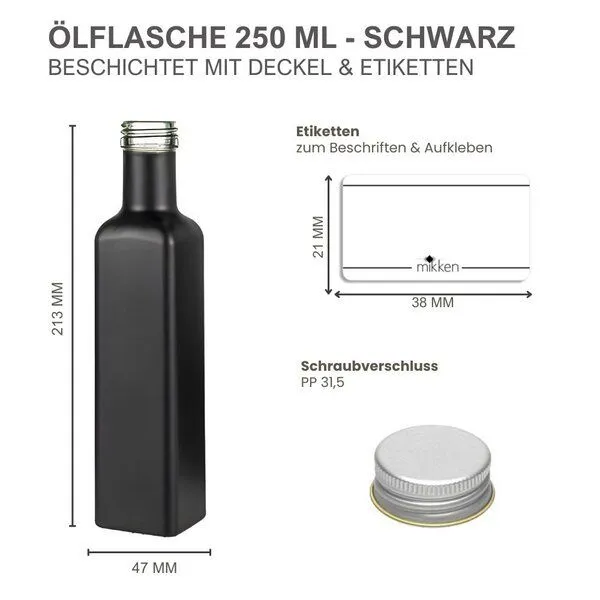 mikken mikken Ölflaschen 250 ml matt schwarz mit Schraubdeckel + Etiketten, Silber, – Produktbild 3 von 3