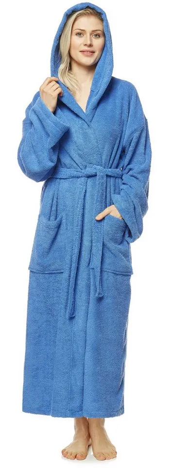 Arus Arus Damenbademantel Astra, pflegeleicht, wadenlang oder extralang für Spa & Sauna, 100% Baumwolle, Kapuze, Gürtel, mit Kapuze, wadenlang oder extra lang, 100% Baumwolle, Blau, – Produktbild 2 von 5