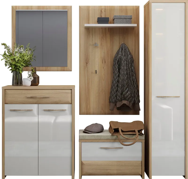 OTTO home Garderoben-Set Gala, (Set, 5-St., Garderobenschrank,Schuhschrank,Schuhbank,Garderobenpaneel,Wandspiegel), Soft-Close Funktion, Hochglanz UV lackiert, Beige|weiß, – Produktbild 1 von 8