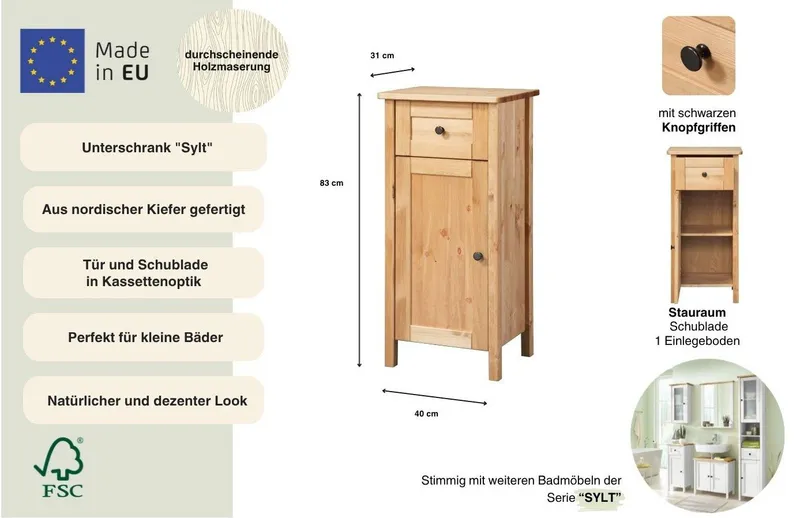 welltime Unterschrank Sylt Breite 40 cm, aus Massivholz Kiefer, Braun, – Produktbild 1 von 5