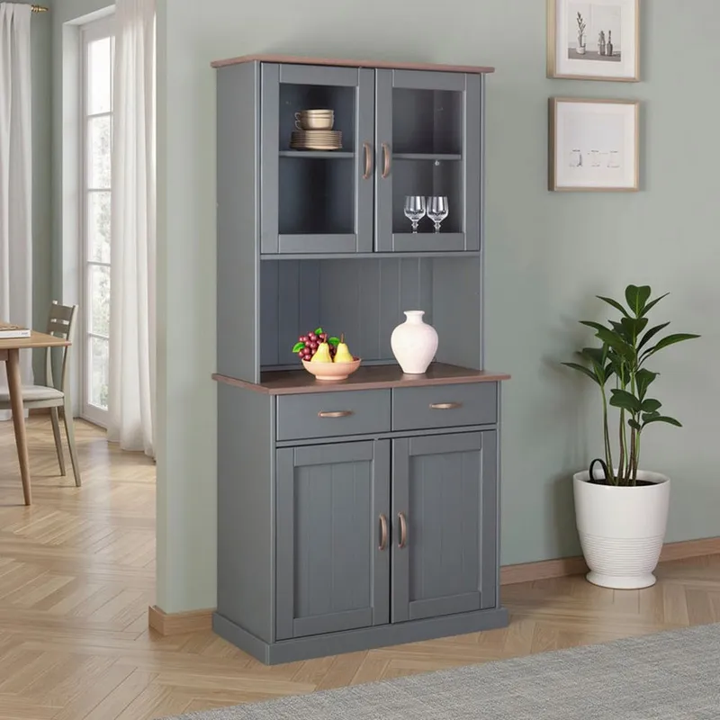 Inter Link Buffet Luzerna Kiefer Massivholz, FSC, Küchenschrank, Vitrinenschrank Geschirrschrank im Landhausstil, BxTxH: 90 x 45 x 190 cm, Braun|grau, – Produktbild 3 von 5