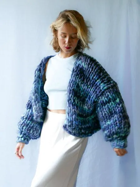 PANAPUFA PANAPUFA 100% Merino Chunky wolle Strickjacke, Melange blau, – Produktbild 3 von 4