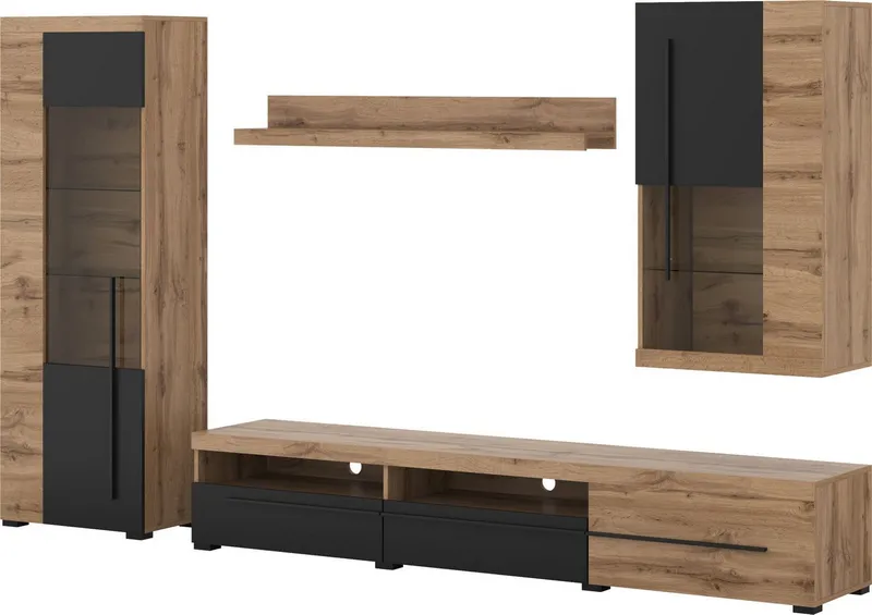 OTTO home Wohnwand Roger,Breite 255 cm moderne Mediawand ohne Beleuchtung, (Set, 4-St), Anbuwand (Set,4-St) viel Stauraum, Glastüren, Beige|schwarz, – Produktbild 1 von 5