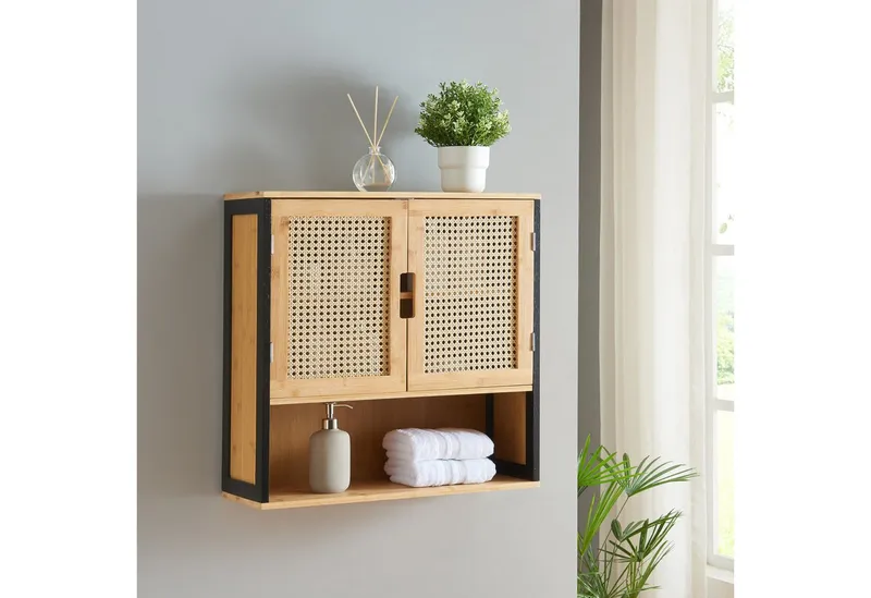 en.casa Hängeschrank »Tervola« mit 2 Türen 60x60x20 cm Schwarz / Bambus, Beige|schwarz, – Produktbild 2 von 5