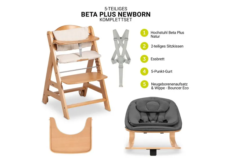 Hauck Hauck Hochstuhl Beta Plus Newborn Set Eco - Natural, Holz Babystuhl ab Geburt mit Neugeborenensufsatz, Sitzkissen, Essbrett – Produktbild 2 von 5