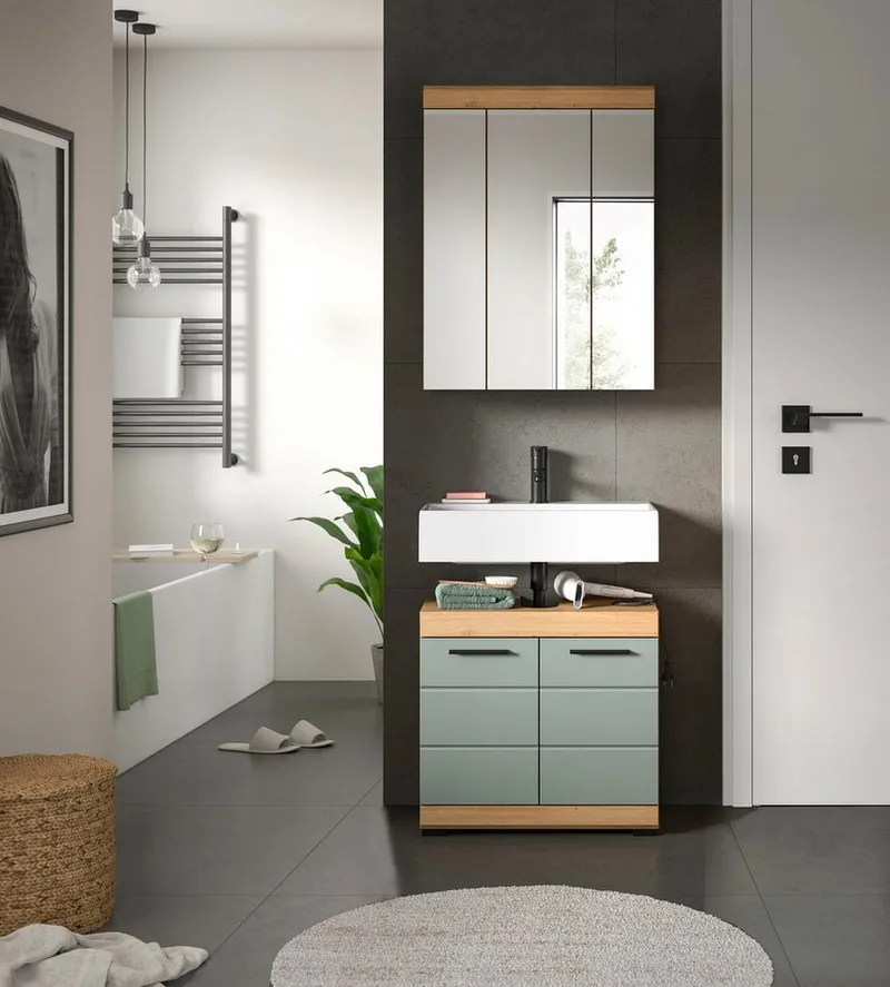 welltime Badmöbel-Set SIENA, 2 tlg., bestehend aus: Waschbeckenunterschrank, Spiegelschrank, (Set, 2-St., TOPSELLER), in verschiedenen Farben erhältlich, Badmöbel, Kombination, Badezimmer, Artisan eiche nachbildung/salbei, – Produktbild 3 von 4