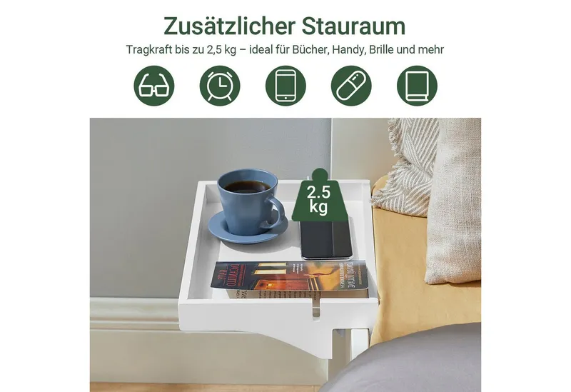 SoBuy Nachttisch NKD01, Klemmregal fürs Bett mit Kabelführung, Bambus, Bettablage mit Kabelführung Regal für Mobiltelefon Fernbedienung, Weiß, – Produktbild 2 von 5