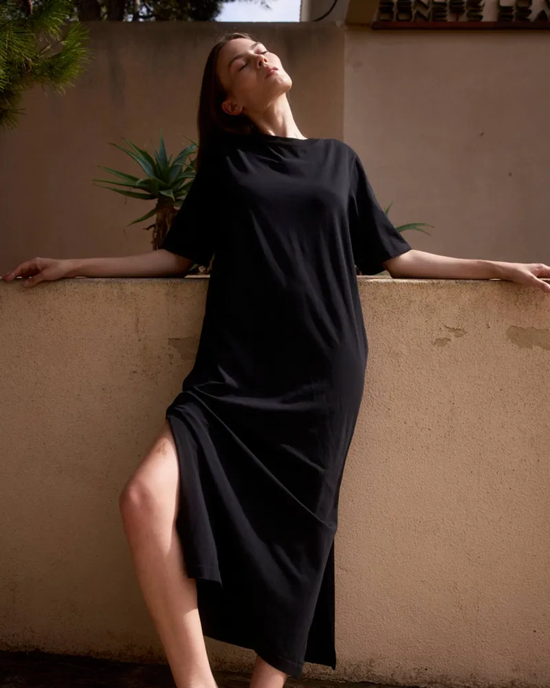 WOTE WOTE Damen vegan Maxikleid Jersey Schwarz, Schwarz, – Produktbild 1 von 2