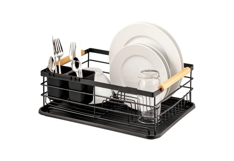 eluno Geschirrständer Metall-Abtropfgestell mit Abtropfschale für Geschirr mit Besteckhalter, Schwarz, – Produktbild 1 von 5