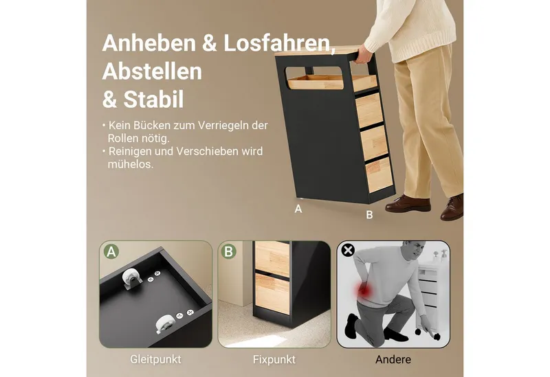SoBuy Beistellwagen BZR54, Badezimmerschrank mit Rollen, Badschrank schmal, Kommode, Küchenwagen schmal Nischenwagen Badezimmerregal mit Rädern, ausziehbar, Schwarz, – Produktbild 4 von 5