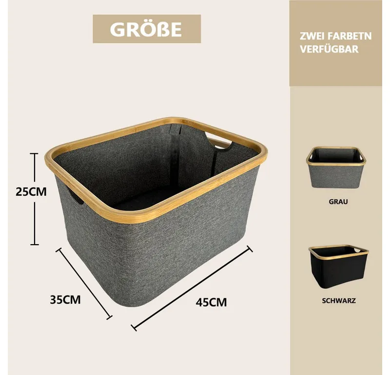 WAOHO Wäschekorb Wäschekorb faltbar Bambus Aufbewahrungskorb Aufbewahrung 40L, Grau, – Produktbild 2 von 5