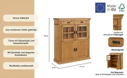 OTTO home Highboard Vinales, 2 Schubladen, 4 Türen, 3 Einlegeböden, Griffe im Jugendstil (B/T/H:112/39/130 cm), Vitrine, Messinggriffe im Jugendstil, Kiefer, FSC® – Produktbild 1 von 1