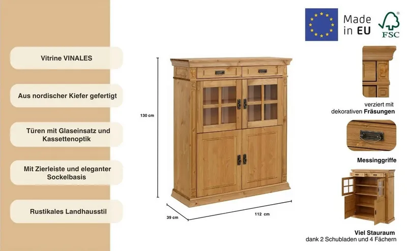 OTTO home Highboard Vinales, 2 Schubladen, 4 Türen, 3 Einlegeböden, Griffe im Jugendstil (B/T/H:112/39/130 cm), Vitrine, Messinggriffe im Jugendstil, Kiefer, FSC®, Beige, – Produktbild 1 von 5