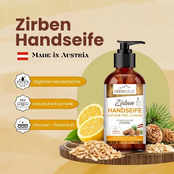 4betterdays 4betterdays Zirben Handseife 250 ml Pumpflasche mit Honig und Duft der Zitrone – Produktbild 3 von 4