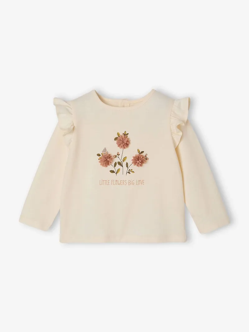 Vertbaudet Baby Shirt mit Volants und 3D-Tüllblumen, Wollweiß, – Produktbild 1 von 4