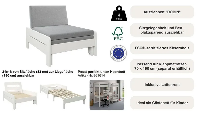OTTO home Ausziehbett "ROBIN ", Bett, Made in Europe, FSC® zertifiziertes Massivholz, zertifiziertes Massivholz, ohne Auflagen, Weiß, – Produktbild 4 von 5