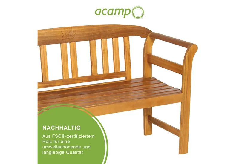 acamp Sitzbank Gartenbank Holz 2-Sitzer wetterfest, Massivholz Akazie FSC® geölt (Holzbank, 1-St., Gartenmöbel), Teakholz-Optik, geschnitzte Rose, 130x50x80 cm, Balkon, Terrasse, Braun, – Produktbild 3 von 5