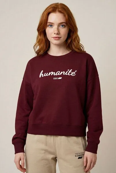 THE FACE OF ELEMENTS THE FACE OF ELEMENTS Humanitè - Relaxed Boxy Fit Sweatshirt aus 100% Bio-Baumwolle, Burgundy (rot), – Produktbild 2 von 3