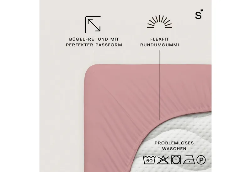 Schlafgut Schlafgut Spannbettlaken Basic Cotton Bettlaken, 160 g/m², 100% Baumwolle, Spannbetttuch, Jersey, Gummizug: rundum, (1 Stück), Spannbettlaken bis 20 cm Matratzenhöhe, bügelfrei und pflegeleicht, Lila, – Produktbild 3 von 5