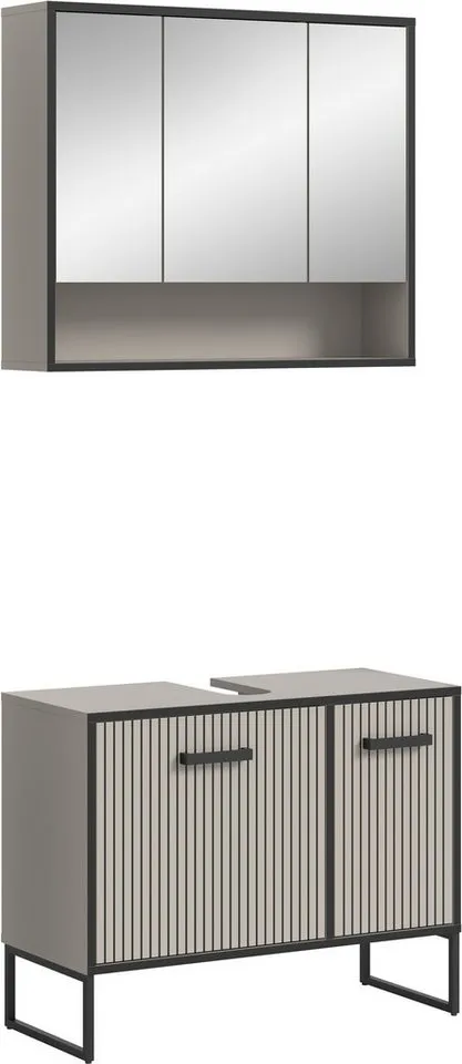 welltime Badezimmer-Set LOCRI, 2-tlg. Badkombination, Breite 80 cm, Rillenoptik, Metallkufen, (2-St., bestehend aus: Waschbeckeunterschrank & Spiegelschrank), Bad-Kombination, Bad-Möbel, Badezimmer, Kombination, Kombi, Beige|schwarz, – Produktbild 2 von 5