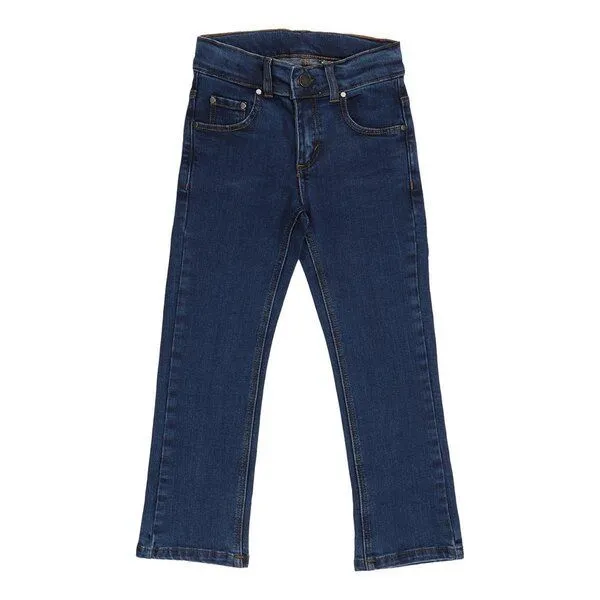 Walkiddy Jeans Kinder Bio-Baumwolle dunkelblau GOTS zertifiziert elastischer Stretchbund nachhaltige Kinderjeans von Walkiddy fair produziert vegan robust für Alltag Kita Schule – Produktbild 1 von 2