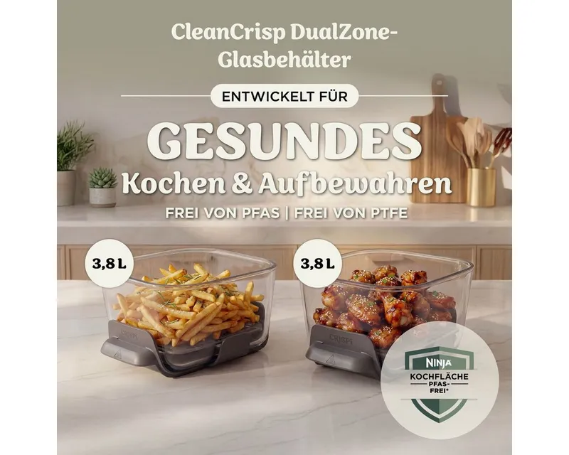 Ninja Ninja Heißluftfritteuse DD102EUIV2 Ninja CRISPi DualZone Glas-Air-Fryer mit 8 Funktionen – Weiß, 2860 W, Weiß, – Produktbild 4 von 5