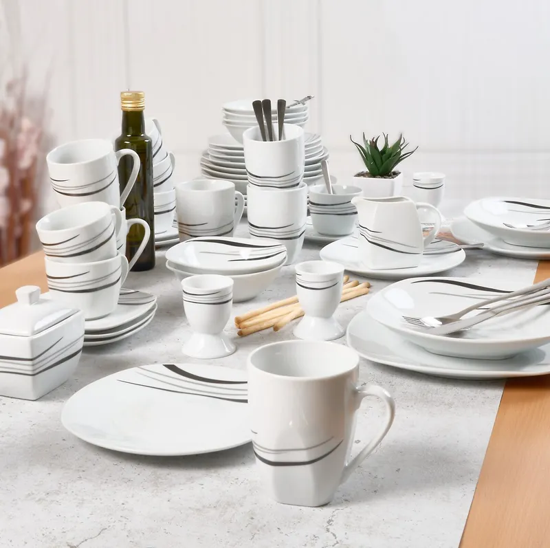 Retsch Arzberg Kombiservice Geschirr-Set, Service Cosmos (62-tlg), 6 Personen, Porzellan, 62 Teile, für 6 Personen, Grau|schwarz|weiß, – Produktbild 1 von 5