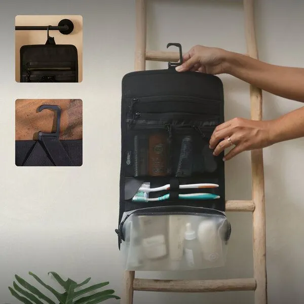 TRAVEL DUDE TRAVEL DUDE Faltbare Kulturtasche für Damen und Herren, Kulturbeutel zum Aufhängen, mit 1 Liter Beutel, Schwarz, – Produktbild 3 von 8
