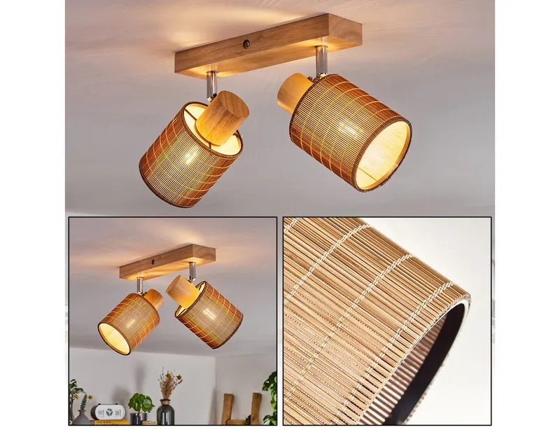 hofstein Deckenleuchte Deckenlampe aus Holz/Metall/Bambus in Naturfarben/Chromfarben/Braun, ohne Leuchtmittel, mit verstellbaren Strahlern, 2 x E14, ohne Leuchtmittel, Beige, – Produktbild 1 von 5
