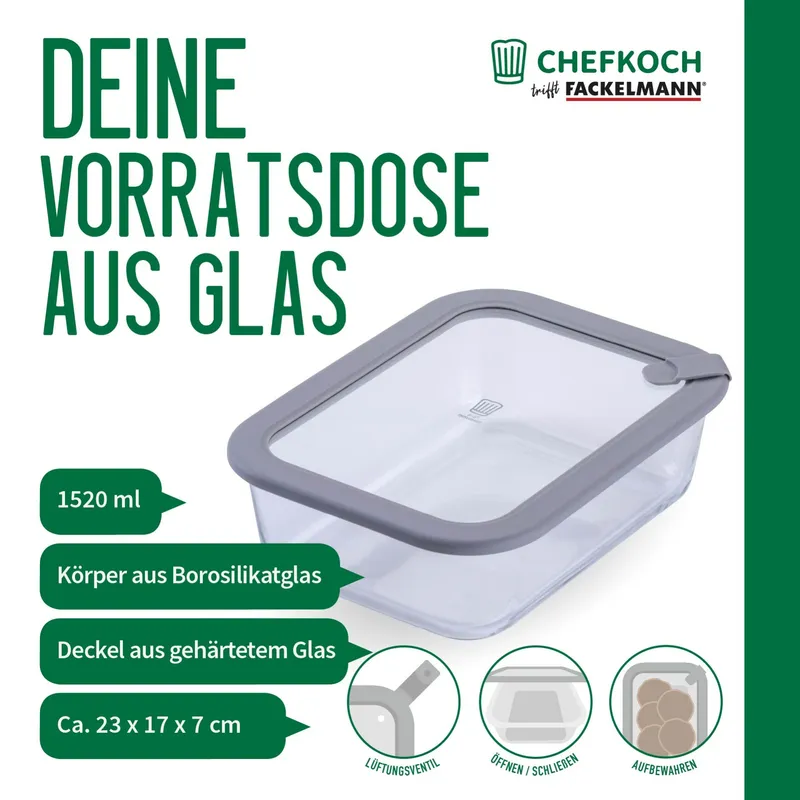 Chefkoch trifft Fackelmann Chefkoch trifft Fackelmann Vorratsdose Glas, eckig, 1520ml – Produktbild 3 von 3