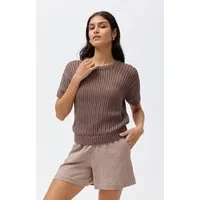 People Wear Organic People Wear Organic Ajour Kurzarm Pullover, braun uni, Bio-Baumwolle, Taupe, – Produktbild 1 von 1