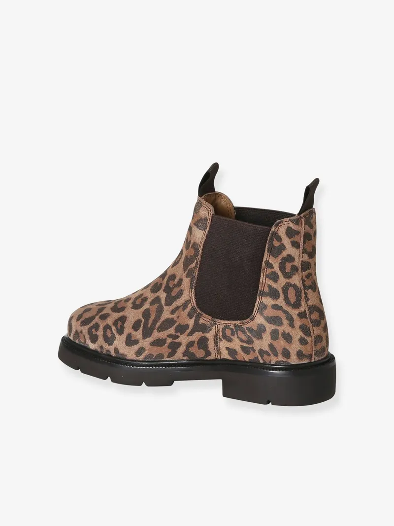 Vertbaudet Vertbaudet Leder-Boots mit Dehneinsätzen und Profilsohle Leo-Print Mädchen, Beige, – Produktbild 3 von 4
