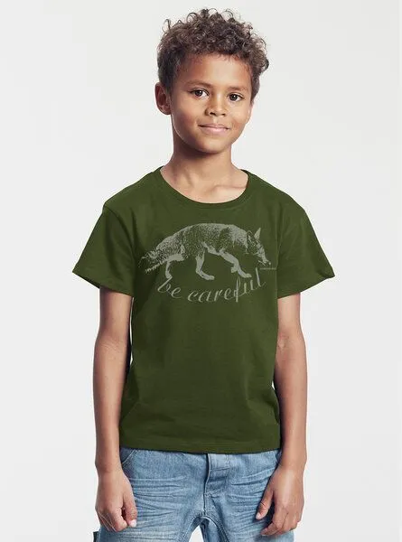 Peaces.bio - handbedruckte Biomode Peaces.bio - handbedruckte Biomode Bio-Kinder T-Shirt Be Careful, Waldgrün, – Produktbild 2 von 2