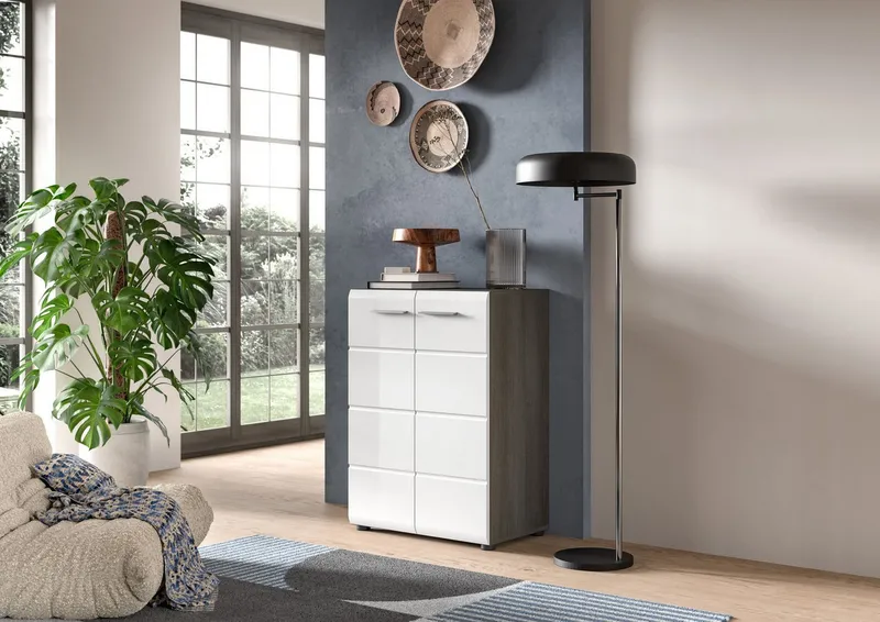 xonox.home Kommode, Weiß Hochglanz Rauchsilber Melamin Modern 60x85x37 cm, Grau, – Produktbild 1 von 4