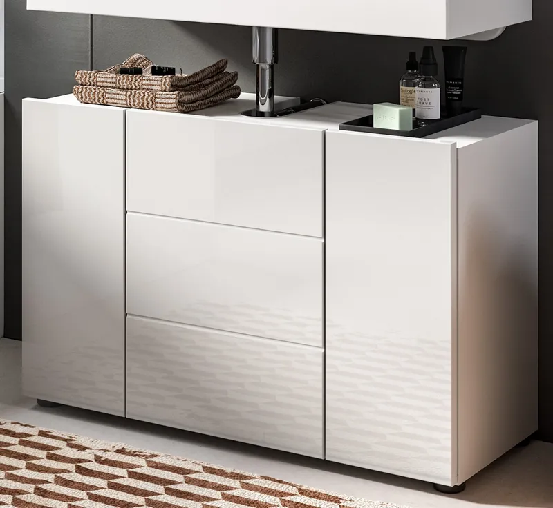 Inn.Furn Waschbeckenunterschrank Larik (Badschrank in Weiß Hochglanz, Breite 80 cm) mit 4 Fächern, Weiß, – Produktbild 1 von 5