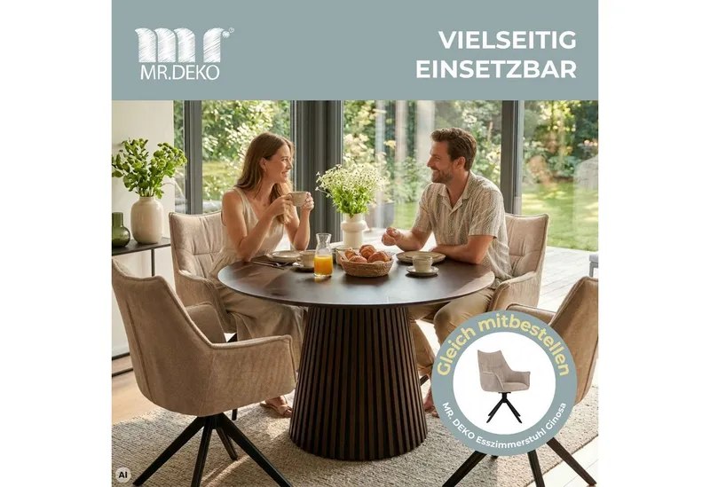 MR.DEKO Esstisch Diningtisch Esszimmertisch Barletta Smoked Oak rund 120 cm FSC®100%, Runde Tischplatte aus Eiche, Gestell Lamellenoptik, Esszimmer, Braun, – Produktbild 5 von 5