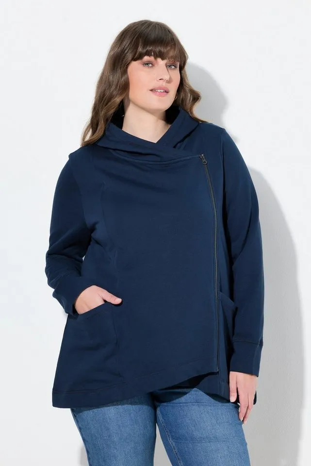 Ulla Popken Sweatjacke Sweatjacke asymmetrisch Kapuze Biobaumwolle, Blau|grün, – Produktbild 2 von 4