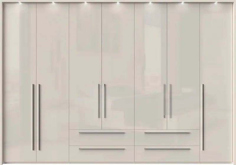 OTTO home Drehtürenschrank Piano, inklusive Rahmen und Beleuchtung, soft-close-Funktion (277 oder 322cm breit, 226cm hoch, mit 4 Schubladen) UV lackiert, hochglänzend weiß oder beige, FSC-zertifiziert, Beige|grau, – Produktbild 3 von 7