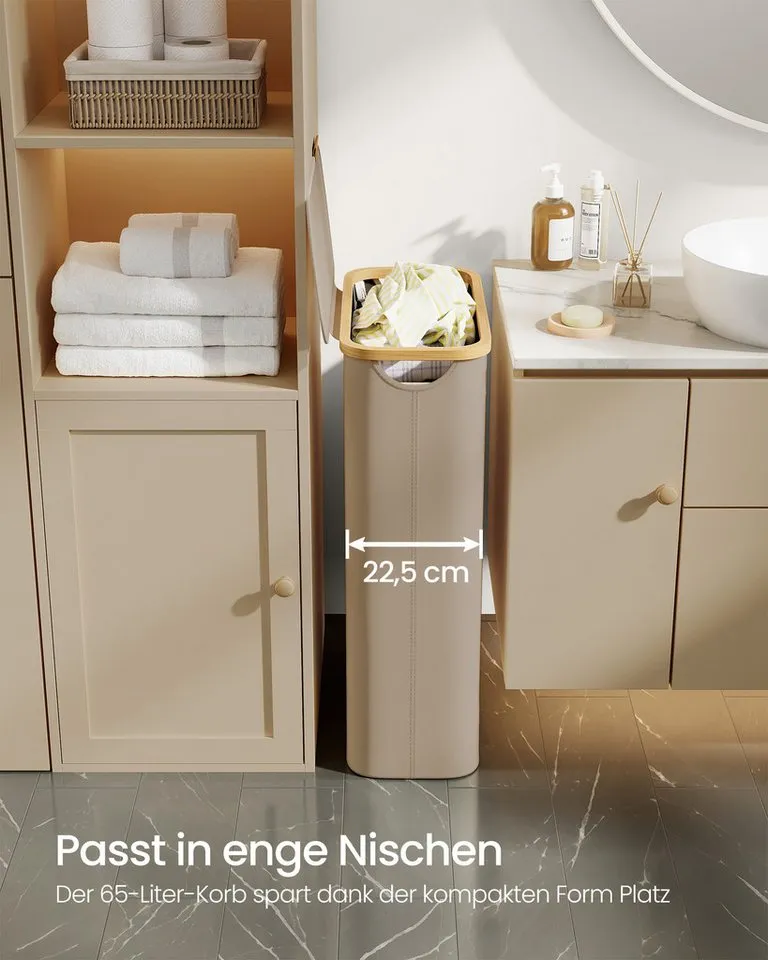 SONGMICS SONGMICS Wäschekorb mit Deckel, herausnehmbarer Einsatz, Bambus‑Rahmen, Oxford‑Gewebe, 65 L, 42 x 22,5 x 70,5 cm, mit Deckel, platzsparend, Griffe aus Bambus, Braun, – Produktbild 3 von 5