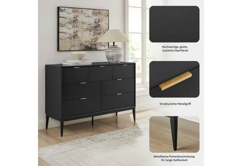 Leonique Kommode Lavisha, FSC-zertifiziertes Holz kombiniert Melamin, verchromten Metallgriffen, Schwarz, – Produktbild 5 von 5