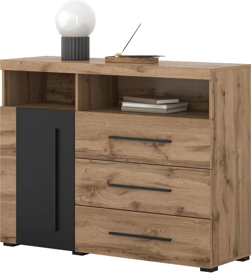 OTTO home Kommode Roger,Breite 120cm, moderne Anrichte mit 3 Schubladen, Sideboard mit viel Stauraum, Masse 120x92x38,5 (B/H/T), Beige|schwarz, – Produktbild 4 von 5