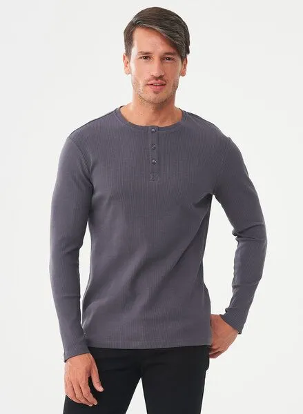ORGANICATION ORGANICATION Geripptes Henley Langarmshirt aus Bio-Baumwolle, Asphalt, – Produktbild 1 von 4