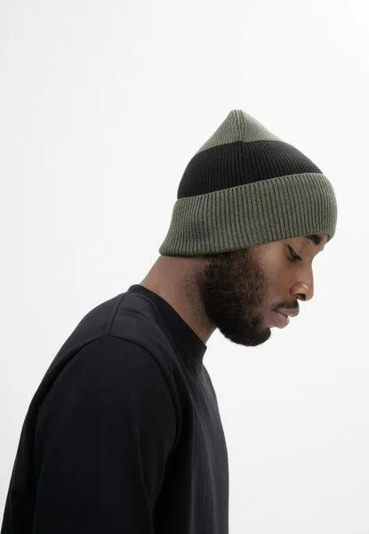 MELA MELA Rippstrick Mütze Style KALI aus 100% Bio-Baumwolle, Grün melange / schwarz gestreift, – Produktbild 2 von 4