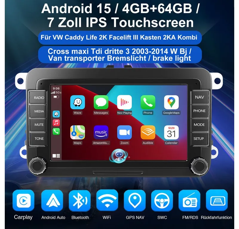 ESSGOO 7"/9" Für VW Caddy Life 2K Facelift Mit Rückfahrkamera Bremsleuchte Autoradio (RDS, Digitalradio (DAB), FM, AM, Apple Carplay Android Auto GPS Navi WIFI BT SWC), Schwarz, – Produktbild 7 von 7
