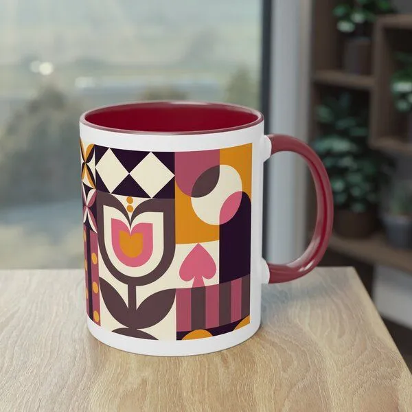 PepMelon Frühlings Liebe Bauhaus-Stil Zweifarbiger Kaffee- Teebecher, 330 ml, Maroon (burgundy rot), – Produktbild 3 von 3
