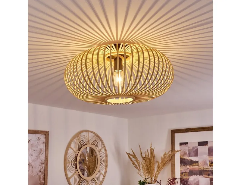 hofstein Deckenleuchte »Aidone« runde Deckenlampe aus Holz/Metall in Natur/Schwarz, ohne Leuchtmittel, Gitter-Optik mit Lichteffekten, E27, Beige, – Produktbild 2 von 5