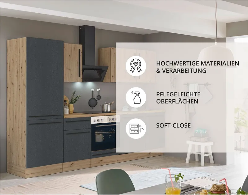 KOCHSTATION Küchenzeile KS-Florida mit 38mm starker Arbeitsplatte, Breite 280 cm, wahlweise mit E-Geräten, Soft-Close-Funktion, Schwarz, – Produktbild 7 von 8