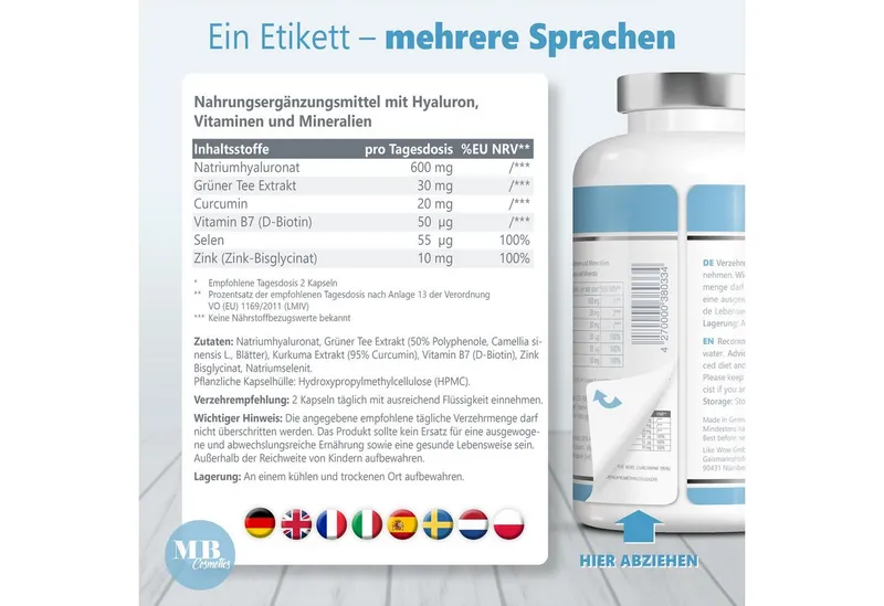 Medical Beauty Cosmetics Hyaluron Komplex 600mg mit Grüntee, Biotin, Selen, Curcumin 180 Kapseln, 1 er Packung à 79 g, Vegan, hochdosiert & laborgeprüft, 3-Monats-Vorrat – Produktbild 5 von 5